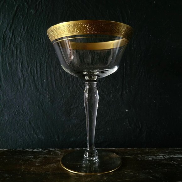 Vintage Tiffin-Franciscan Rambler Rose Gold-Rimmed Champagne Coupe Floral Design - Picture 1 of 5